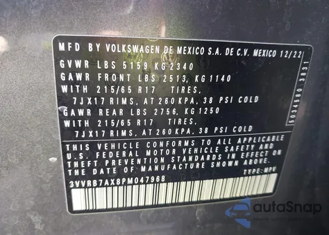 2023 Volkswagen Tiguan 2.0T S from USA, damaged, VIN 3VVRB7AX8PM047968